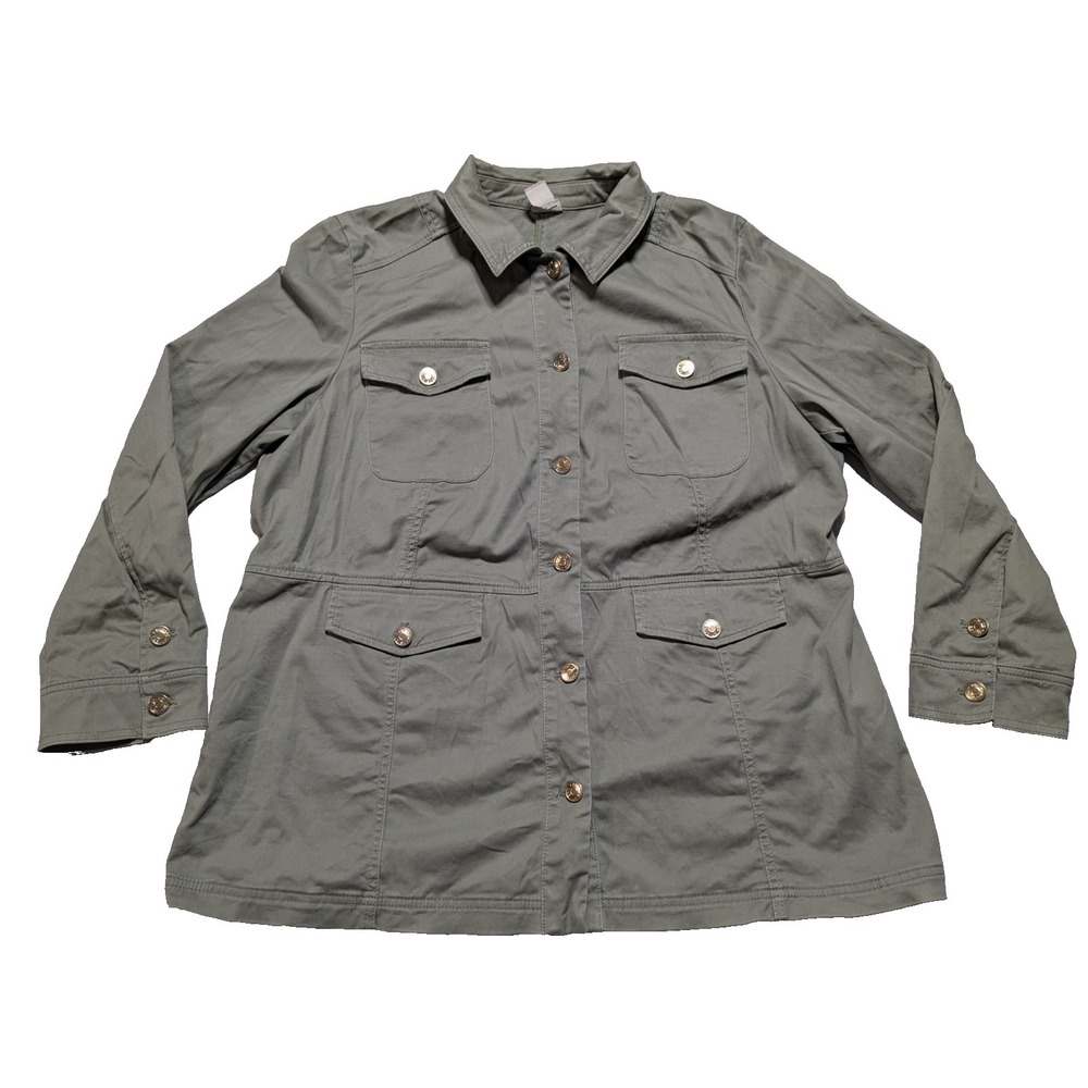 Chicos Lightweight Utility Jacket - Women Size 3 US XL Green + Gold Buttons
